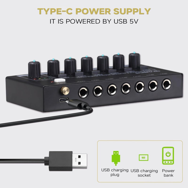 STABCL Mini 6-Channel Audio Mixer with 7 pcs 6.35mm to 3.5mm Adapter Jack, Stereo Line Mixer for Sub-Mixing, Multi-Input (Mic/Guitar/Keyboard/Bass), Powered by 5V DC - Image 3